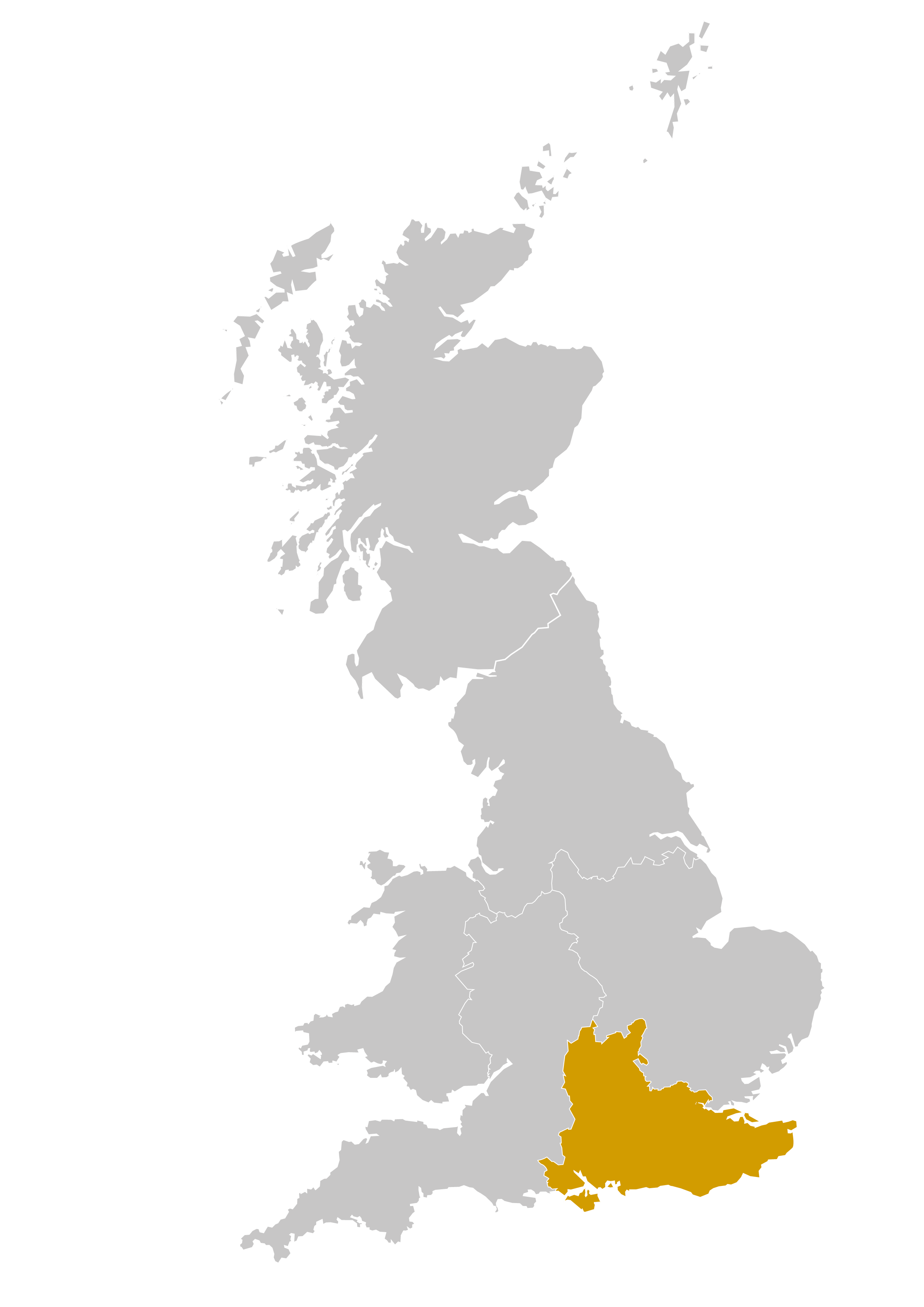 Great Britain with the South of England highlighted in yellow.